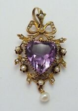 Antique Victorian Heart Cut Simulated Amethyst Necklace 14K Yellow Gold Over
