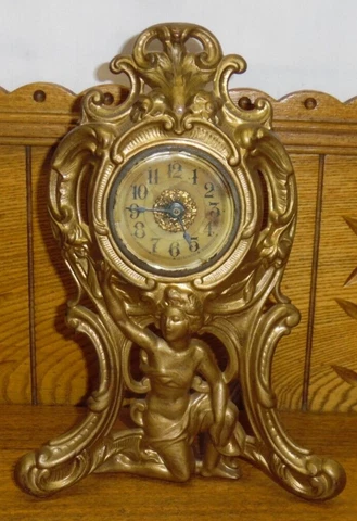 Antique 1906 Art Nouveau Gold Painted Westclox 420 Shelf Clock w/ Woman -10 3/4" Cover