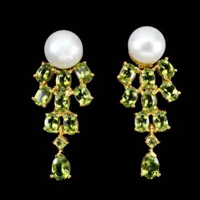 925 Sterling Silver Earrings Oval Peridot 7x5mm Pearl Natural Gemstone Jewelry - Image 1 of 4