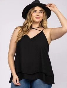 SEXY Solid Black TANK TOP Size 2XL WOMENS PLUS Spaghetti Shoulder Straps V NECK - Picture 1 of 4