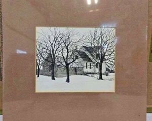 Winter House Landscape Pen Drawing – Framed Seasonal Scene Print - Picture 1 of 2