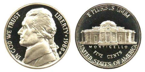 1988 S JEFFERSON NICKEL GEM DCAM PROOF from PROOF Set Cover