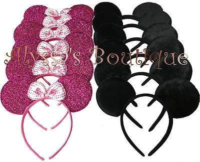 Minnie Mickey Mouse Ears Headbands 12 pcs Black Dark Pink Birthday Party Costume - Image 1 of 4