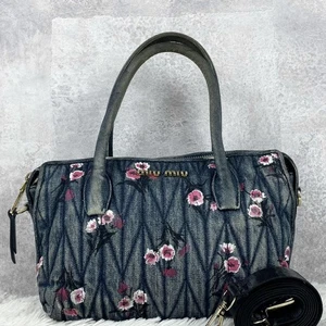 MIU MIU Floral Quilted Denim 2-way Shoulder Bag Handbag Navy Used Authentic - Picture 1 of 10