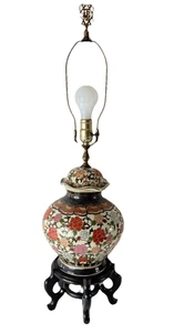 Vintage japanische Satsuma Floral Moriage Ingwer Glas Lampe Holzsockel Gold Endstück - Bild 1 von 13