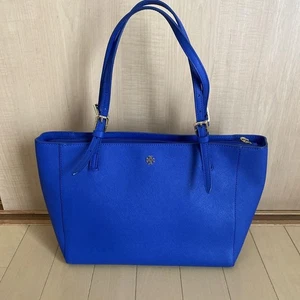 Tory Burch Tote Bag Shoulder Bag Blue Leather Gold Logo Hardware Logo Liner - Picture 1 of 24
