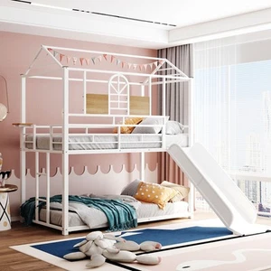 Twin Over Twin Metal Bunk Bed Metal Housebed With Slide White - Picture 1 of 9