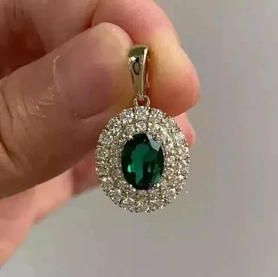 3Ct Oval Cut Lab Created Emerald Halo Pendant 14K Yellow Gold Plated 18"Chain - Image 1 of 4