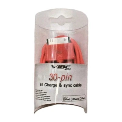 VIBE AUTO 30-pin 3 ft Charge & sync cable RED Made for IPOD IPHONE IPAD Apple  - Image 1 of 4