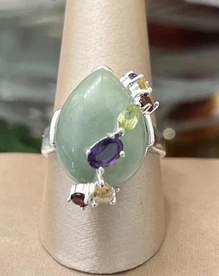 Anillo de cóctel de piedras preciosas multicolor de jade verde de plata esterlina para damas talla 10 Foto 1 de 4