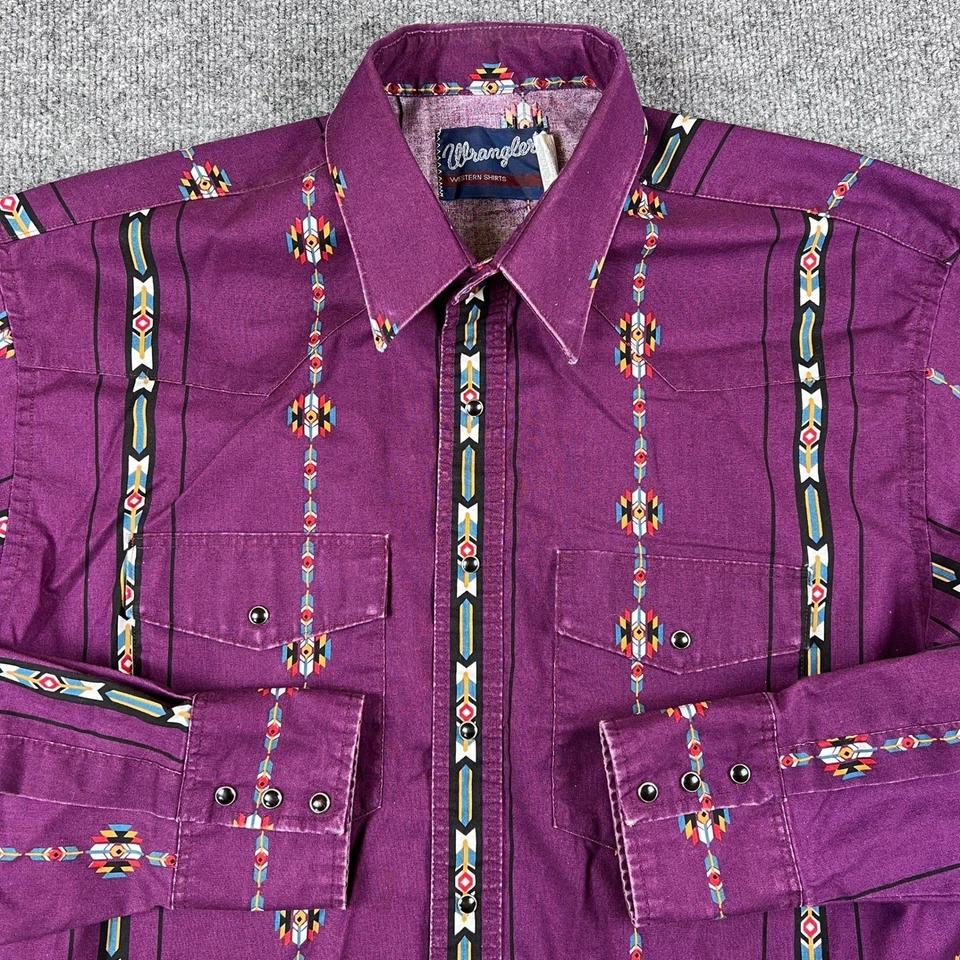 Camisa Wrangler De Colección Para Hombres XL Púrpura Azteca Perla A Presión Occidental Manga Larga Años 90 Foto 1 de 4