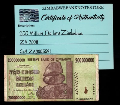 Billete de repuesto de 200 millones de dólares de Zimbabue 2008 certificado de autenticidad auténtico ZA0005591 Foto 1 de 3