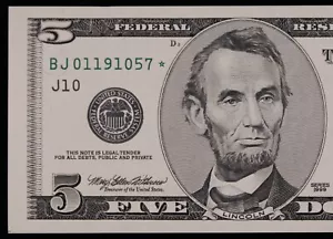 $5 1999 GEM CU Star Federal Reserve Note BJ01191057* five dollar Kansas City J10 - Picture 1 of 3