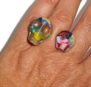 Sobral Cranio Double Skull Colorful Pollock Open Style Artist Made Ring Sze 6.75 - Picture 1 of 11