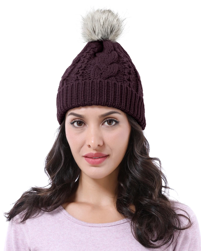 Solaris Winter Cable Knit Beanie Hats with Fur Pom Pom for Women Ski Cap
