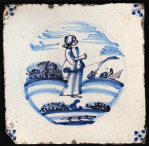 GREAT EARLY 18th. CENTURY  DELFT TILE  DEPICTING A WOMAN IN A LANDSCAPE - Picture 1 of 2