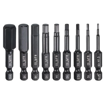 9pcs 1.5-10mm Metric Hex Head Wrench Drill Bit 50mm Length Magnetic Bits, Black - Image 1 of 4