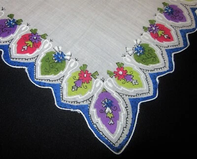 Vintage Hankie Colorful Border Leafy Accent White Center Scalloped Edge - Image 1 of 3