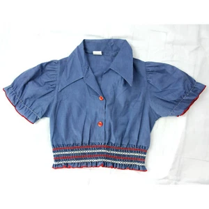 Vintage Blue Chamois Short Puff Sleeve Shirred Waist Girls Blouse Top 6 1970s - Picture 1 of 6