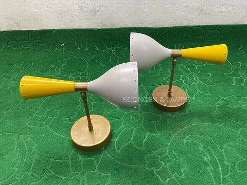 1950's Mid Century Brass Italian Diabolo Wall Sconce Light Fixture 2 Bulb Pair Cover