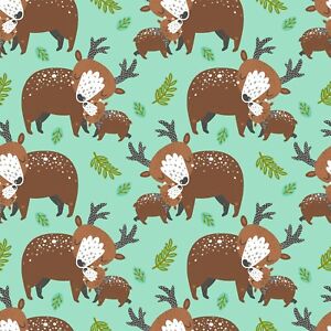 Fabric Woodland Animal Hugs Deer Baby Fawn Turquoise Cotton 3WISHES 1/4 yard D12