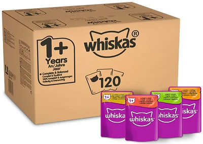 WHISKAS 1+ Katzenfutter 120er PACK Fleisch & Geflügel MIX in Sauce 120x85g - Bild 1 von 4
