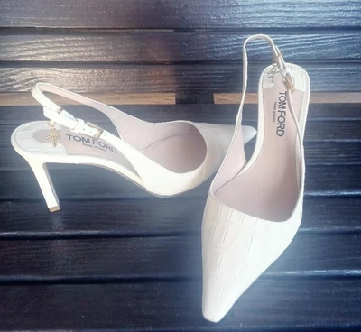 Tom Ford Croc Slingback Heels in Ivory size 35 1/2 or US 5.5 with ankle charm - Image 1 of 4
