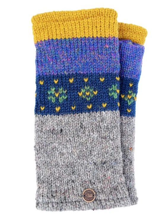 Black Yak 100% Pure New Wool Flower Wristwarmers  - Blue - Image 1 of 1