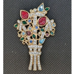 SWAROVKSI Schwan signiert bunt Gold Kristall Melone Perlen Blumenstrauß Anstecknadel Brosche - Bild 1 von 3