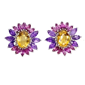 925 Sterling Silver Earrings Oval Citrine Amethyst Rhodolite Gemstone Jewelry - Picture 1 of 14