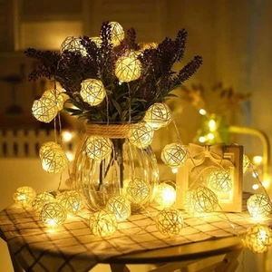 New 20 Counts Rattan Ball LED String Lights Warm White LED String Lights - Picture 1 of 18