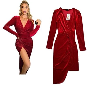 Neu mit Etikett Langarm rot Samt Glitzer V-Ausschnitt Frontschlitz Midikleid S - Bild 1 von 16