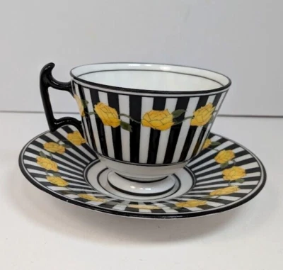Platillo taza Royal Doulton Robert Allen pintado a mano c1914 amarillo rosa negro rayas Foto 1 de 4