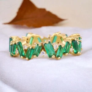 925 Sterling Silver 4X2MM Lab Created Baguette Emerald Band Cubic zirconia Band - Picture 1 of 6