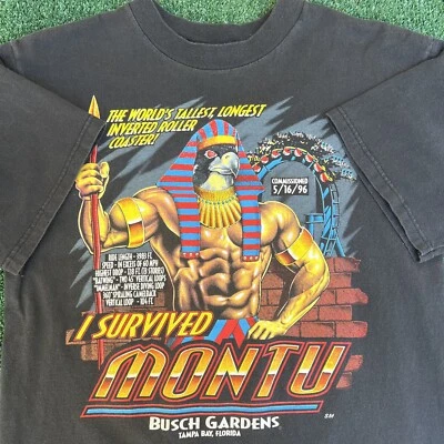 Camiseta negra mediana vintage años 90 Busch Gardens montaña rusa "I Survived Montu" para hombre Foto 1 de 4
