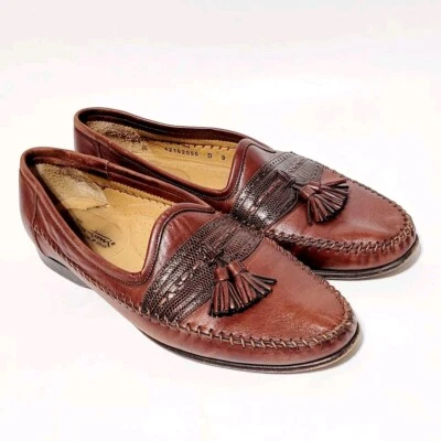 Santoni Borla Cuero Marrón Penny Mocasines Acento Lagarto Zapatos Sin Cordones Para Hombres 9D EE. UU. Foto 1 de 4