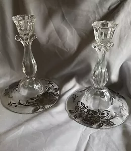 Vintage Paar Kerzenhalter/Kerzenhalter Glas mit Sterlingsilber Blumen - Bild 1 von 10