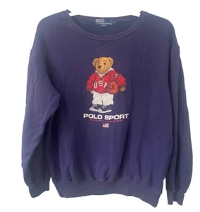 90’s Polo Ralph Lauren Sport Basketball Bear Blue Crewneck Sweatshirt M Vintage - Picture 1 of 6