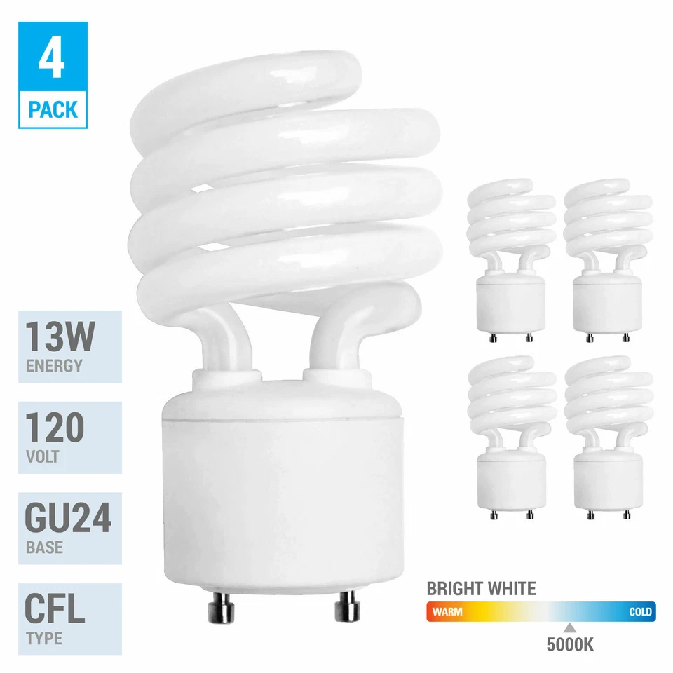 4 Pack Spiral CFL Fluorescent 13 Watt 60W Twist and Lock GU24 5000K Bright White - Image 1 of 4