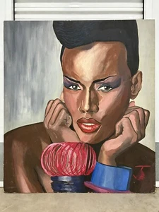 🔥 Fine Vintage 1980s Fashion Black Supermodel GRACE JONES Portrait Oil Painting - Picture 1 of 24