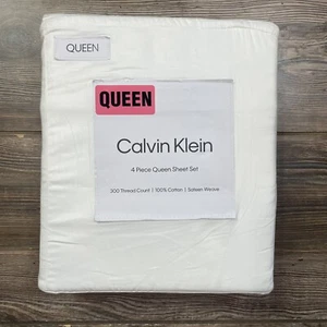 CALVIN KLEIN 4-Piece Queen Sheet Set 300 TC 100% Cotton Sateen Weave White NWT - Picture 1 of 6