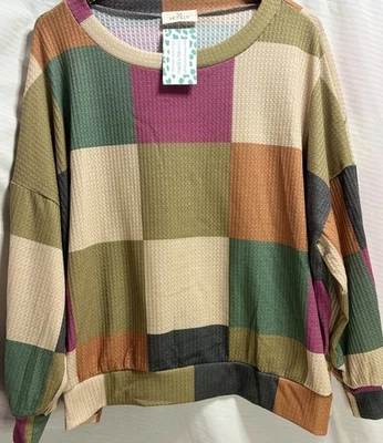 Hopely Patchwork Waffle Knit Top Large Olive Teal Cinnamon Grove NWT USA - image 1 of 4