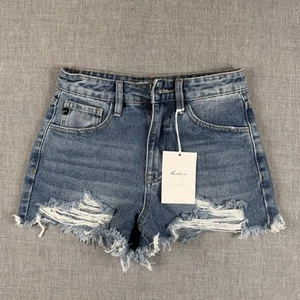 Kancan Cut Off Denim Shorts Women's 0/23 Blue Jean Distressed Booty New *FLAW* - Picture 1 of 11