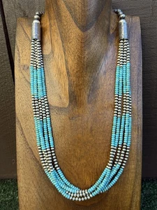 Sterling Silver Multi Strand Blue Turquoise 4mm Pearls Bead Necklace 24 inch - Picture 1 of 12