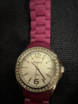 Armitron Watch Womens SilverTone Pink Bracelet Crystal Bezel New Battery 7" - image 1 of 3