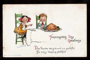 Postal de cena de acción de gracias de niños Brundage firmada por arte de 1915 - Imagen 1 de 1