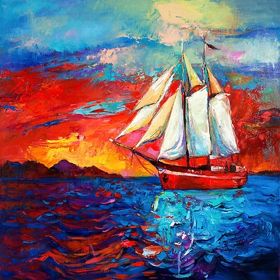 art print tall ships sunset boat seascape ocean painting 50cm  canvas poster - Image 1 of 3