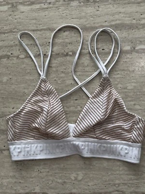 Sujetador Bralette ROSA Victoria's Secret Sin Forro Tirantes Espalda Talla XS Blanco y Dorado Foto 1 de 4