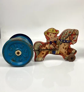 Vtg. THE GONG BELL MFG CO Cowboy Horse PULL TOY 1940s Wood Blue Metal Wheels - Picture 1 of 12