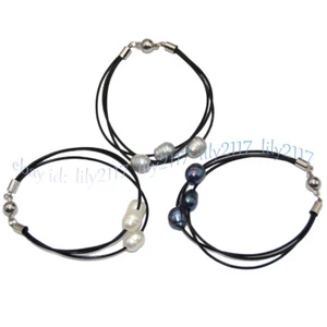 3 Strands 10-12mm Multicolor Freshwater Pearl Black Leather Cord Bracelet 8 inch - Picture 1 of 8